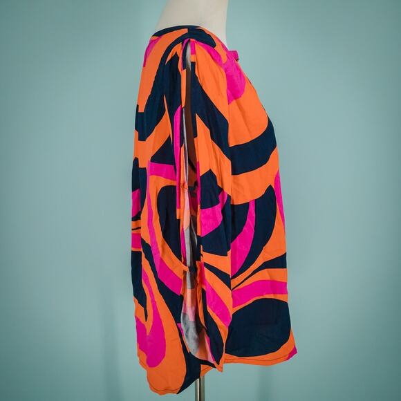 Escapada Size Medium M Blue Pink Print Split V Neck Cut Out Sleeve Tunic Top - Picture 2 of 6